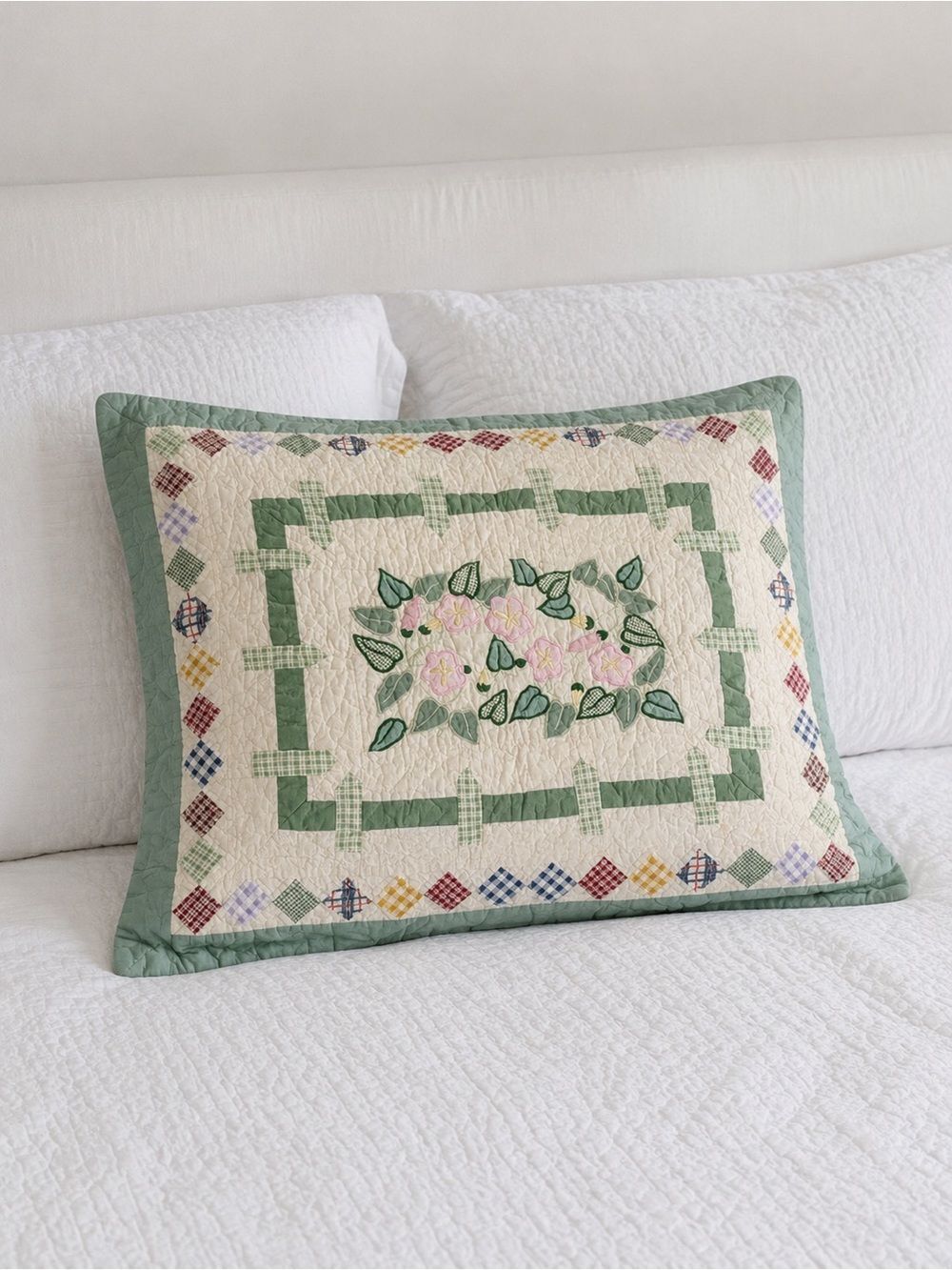 Quilted Floral with Green Fence Standard Pillow Sham 23" x 28" VTG 70